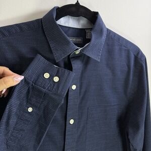 Van Heusen Mens Dress Shirt 14 1/2‎ - Navy White Dot Fitted Wrinkle Free Classic